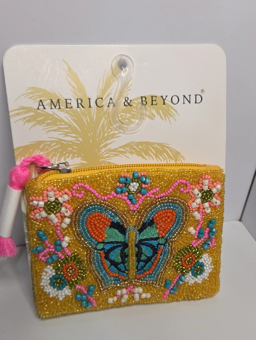 💛▪️America & Beyond▪️ Yellow Beaded Butterfly Coin Purse with Pink Tassel
